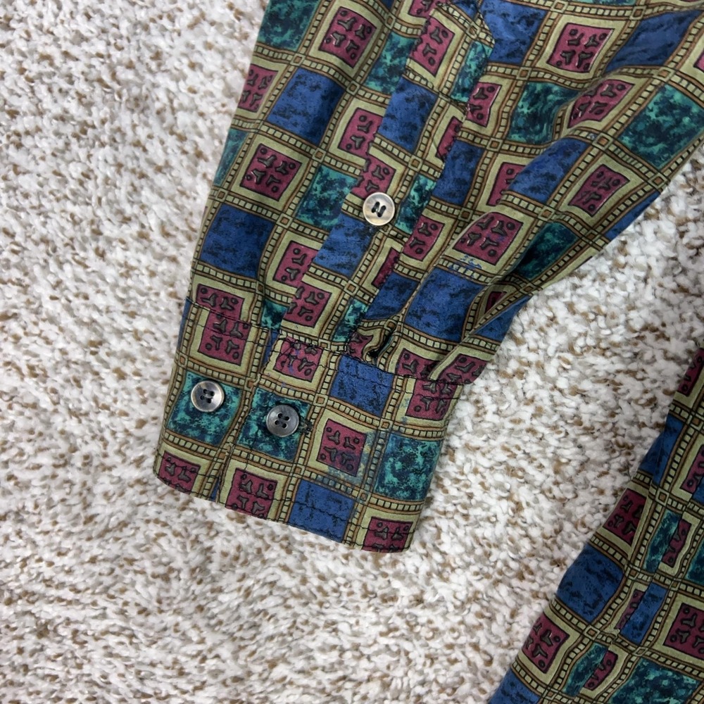 Robert Stock Mens Shirt Medium Multicolor Silk Geometric Button Pocket Top Work - Picture 3 of 9